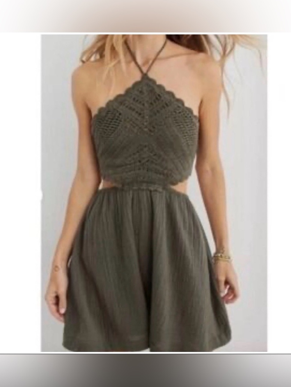 Aerie Women's Pool To Party Crochet Halter Dress 100% Cotton Olive Green Med NWT